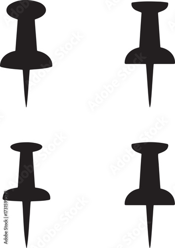 Minimalist Push Pin Icon Set – Black Silhouette Thumbtack Symbols in 2x2 Grid Design 