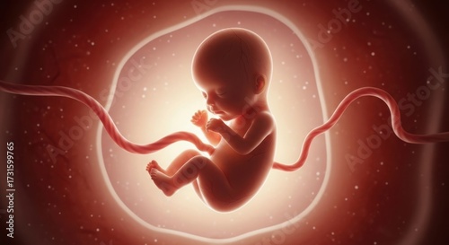 Human fetus inside womb with umbilical cord illustration