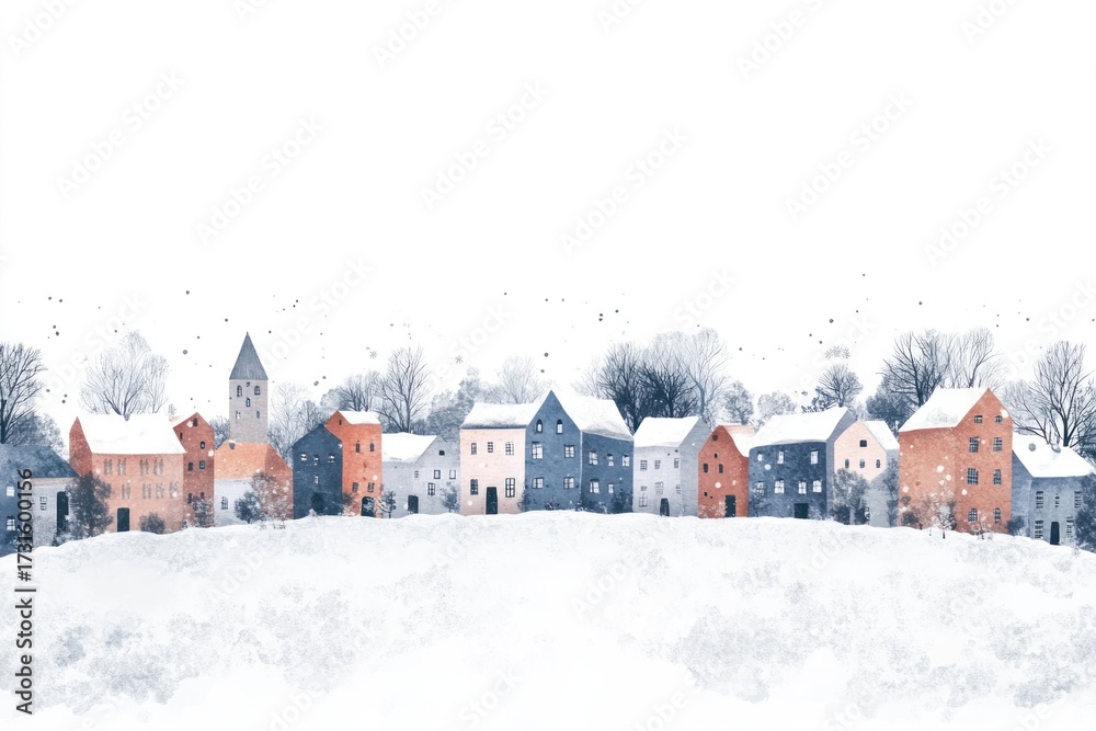 Fototapeta premium Snow frost town building border illustration village winter.
