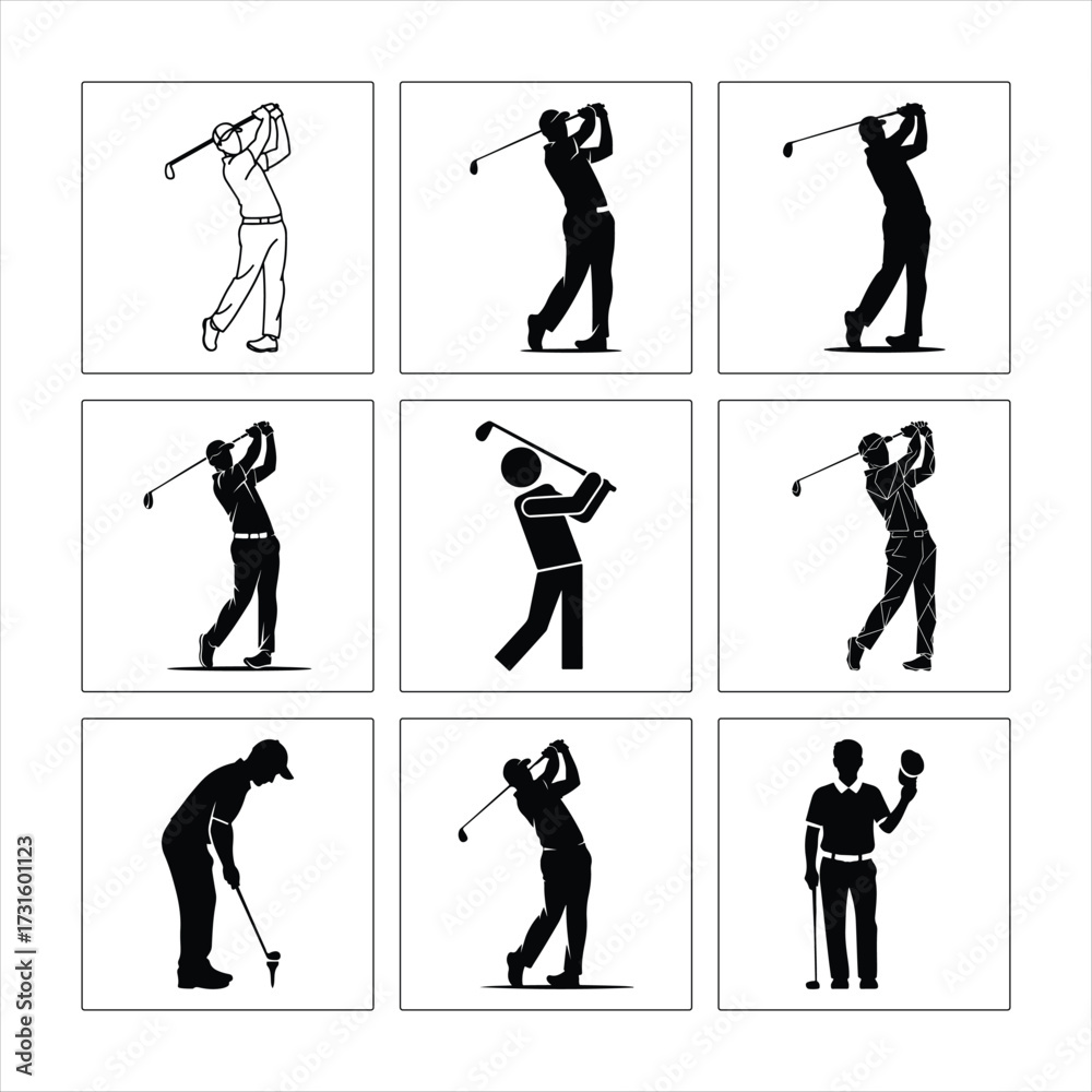 Fototapeta premium Golf Player Silhouettes Collection Of Different Swing Poses And Styles On White Background