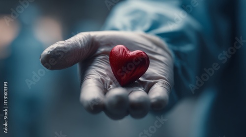 A gloved hand holds a vivid red heart, symbolizing care and compassion in a healthcare setting.