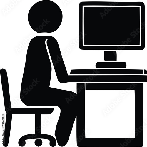 Person sitting at computer desk working remotely or in office typing on keyboard with monitor and chair icon representing digital work and technology