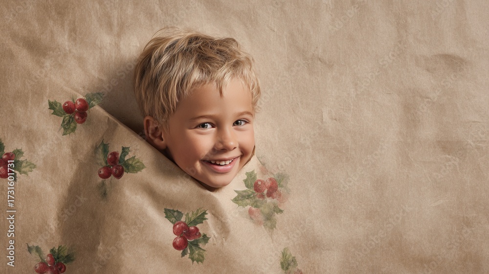 Fototapeta premium Cheerful young boy peeking from brown holiday wrapping paper with holly print, showing joy and warmth on a festive rustic background