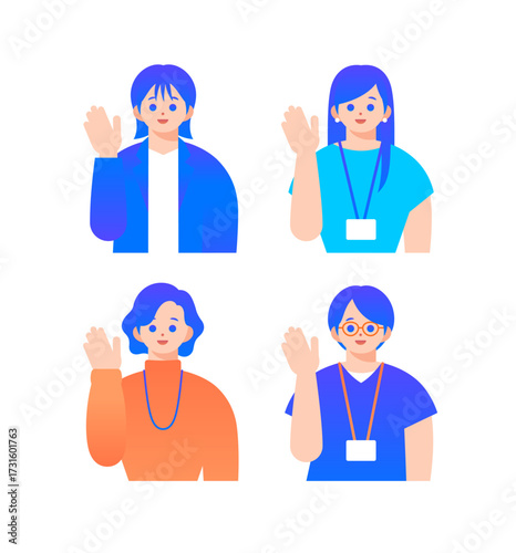 案内するポーズの女性イラストセット（上半身）