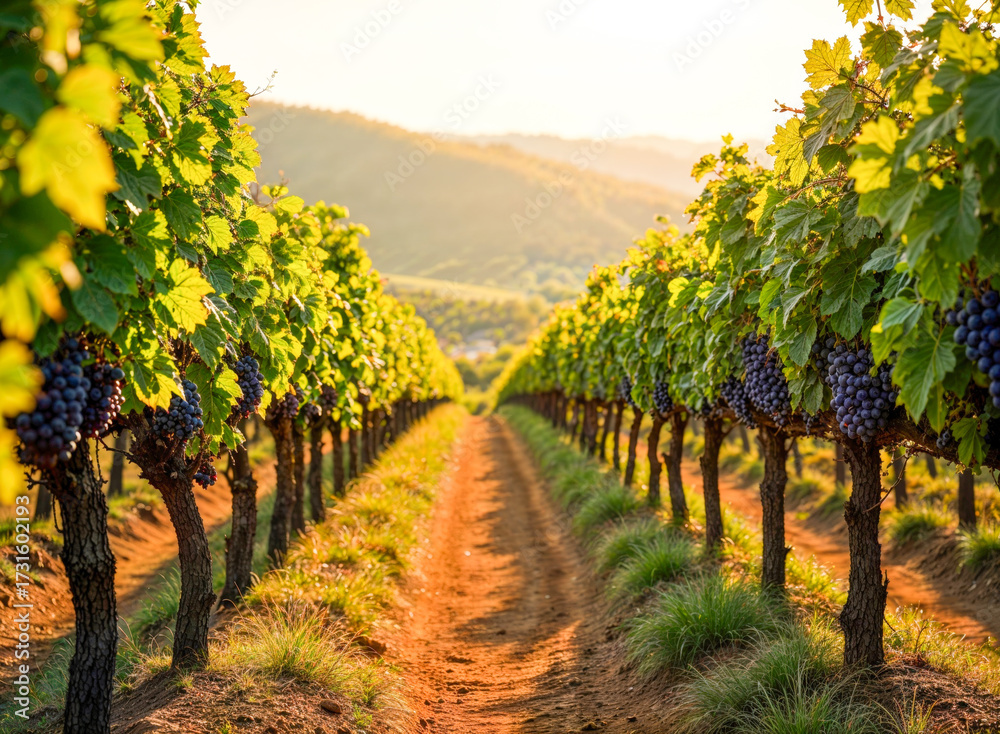 Naklejka premium Path through a Golden Vineyard with Abundant Grapes