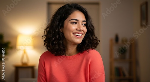 Smiling woman indoors with warm lighting and soft focus background