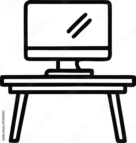 Simple line art icon of a computer monitor on a desk with legs technology workstation home office setup digital display