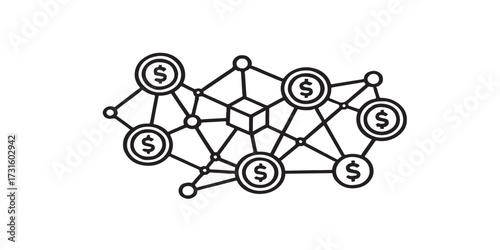 Print   Vector infographic of a blockchain-based payment network visualized as interconnected nodes and digital coins, bold line art on a clean white background