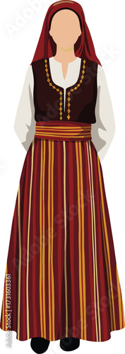 Turkish woman in Anatolian peasant striped dress isolated on transparent background