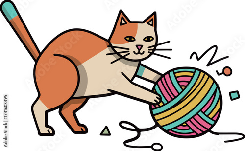 Cartoon Cat Playing with Yarn