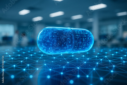 AI generated scene of a glowing blue digital capsule on a futuristic data network surface symbolizing pharmaceutical innovation smart healthcare technology and future medicine