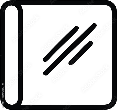 Simple black and white icon of a closed notebook with blank pages and diagonal lines representing writing or notes