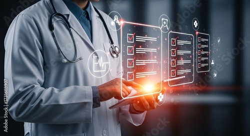 Doctor Navigating Digital Health Records: A focused doctor uses a touch screen to navigate through digital health records.