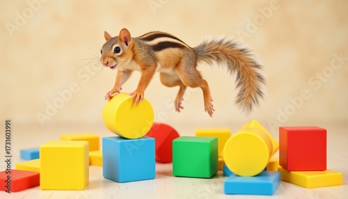 Squirrel jumping over colorful geometric blocks on a light background  
