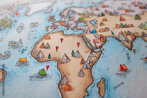 Colorful world map with tents, markers, and travel icons scattered across a stylized landscape.