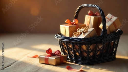 A collection of wrapped gifts nestled in a dark wicker basket, bathed in warm sunlight on a wooden surface
