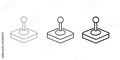 A set of three black and white outline vector icons depicting retro video game joysticks on transparent background, perfect for gaming technology, entertainment, and digital interface designs
