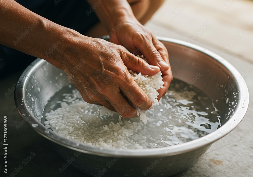 Fototapeta premium Washing rice in a bowl hands handling grains preparation close up