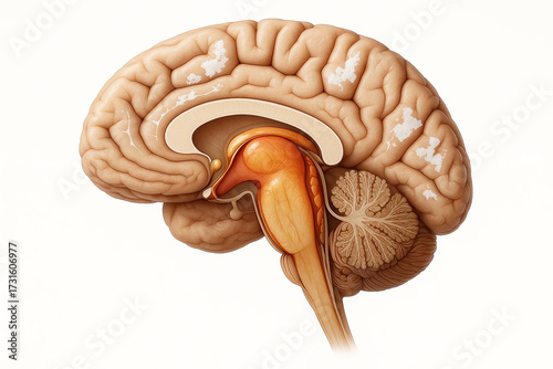 Detailed anatomical illustration of a sagittal view of the human brain, highlighting internal structures like the corpus callosum, thalamus, and brainstem, set against a clean white background.