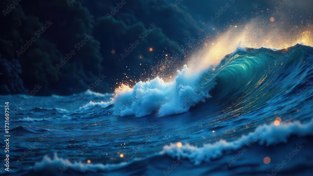 Naklejka premium Ocean Wave with Glowing Particles at Dusk A Captivating Image of Nature's Power and Beauty