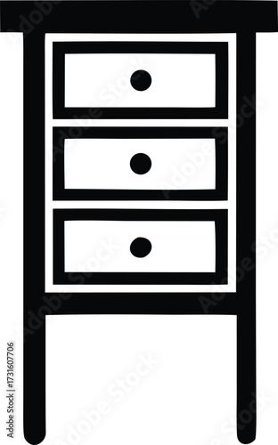 Simple black and white line art icon of a three-drawer cabinet or dresser furniture piece