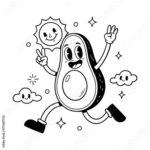 Cartoon avocado character running happily with a smiling sun and clouds in a black and white illustration.