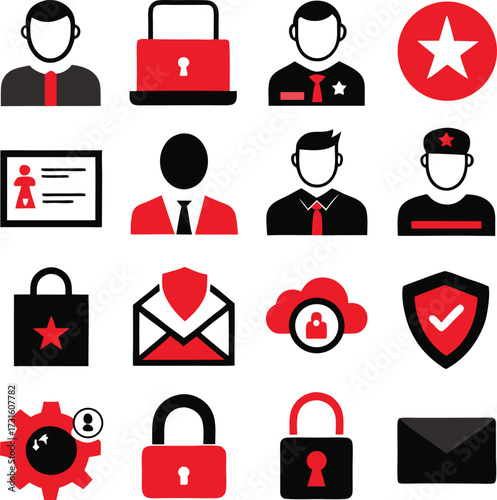 Diverse set of security and user management icons for digital platforms and applications
