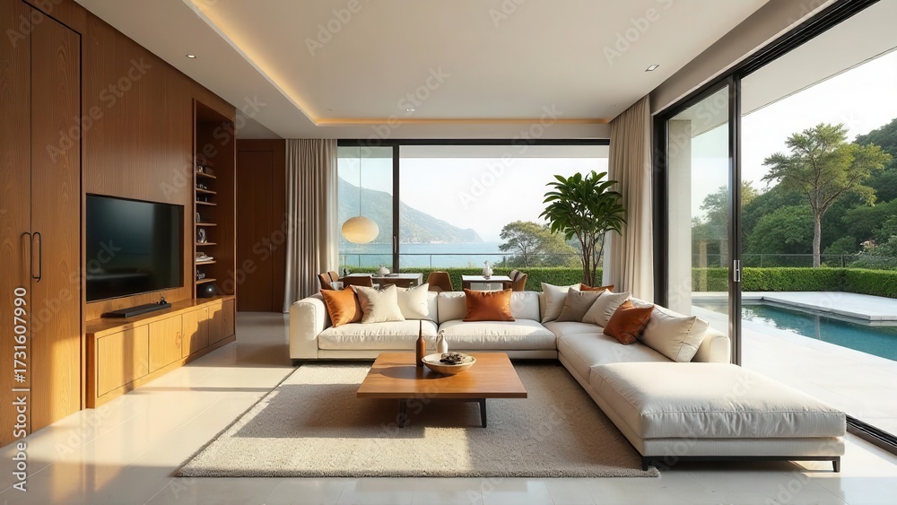 Fototapeta premium Modern Sectional Sofa in Sunlit Living Room with Panoramic Ocean View and Infinity Pool