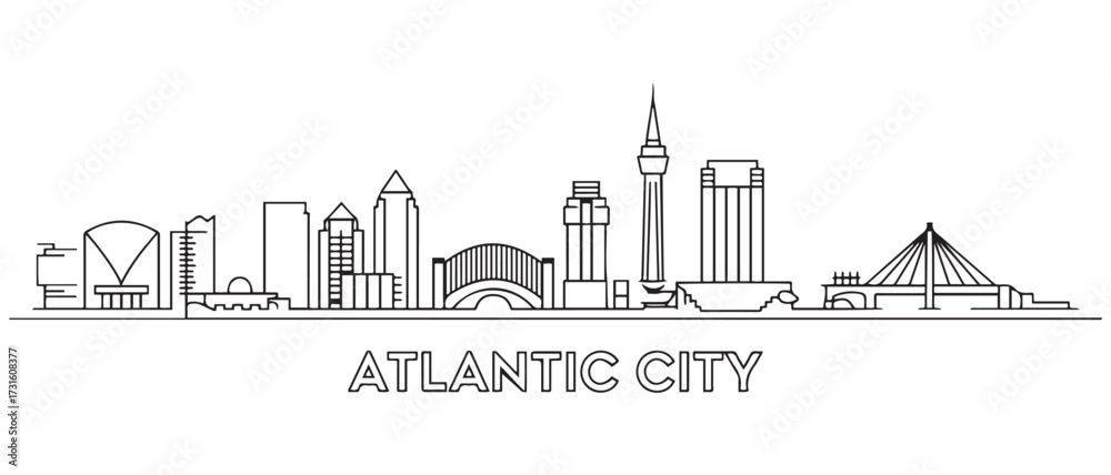 Fototapeta premium Atlantic city Line Art skyline horizontal banner. Atlantic city, New Jersey. with white background