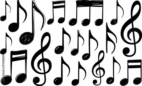 A Collection of Hand-Drawn Musical Notes and Symbols on a White Background