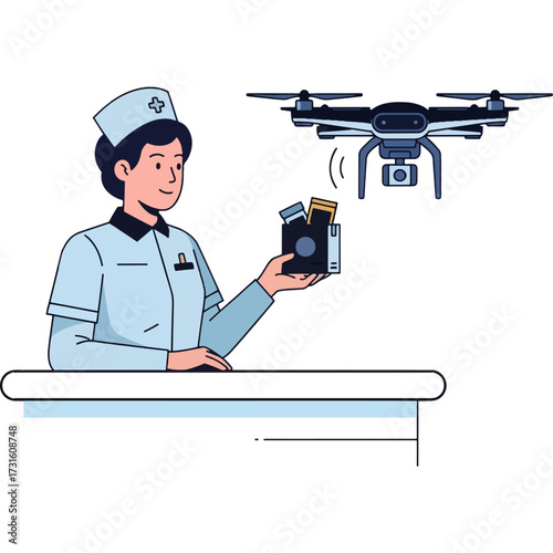Drone delivery technology in healthcare. A nurse is sending medicine or medical equipment via drone. A modern vector illustration of future medicine, telemedicine and innovative logistics.