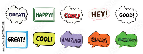 Assortment of hand-drawn and colorful speech bubble and comic cloud stickers with positive words like GREAT!, COOL!, HAPPY!, AMAZING!, and AWESOME!