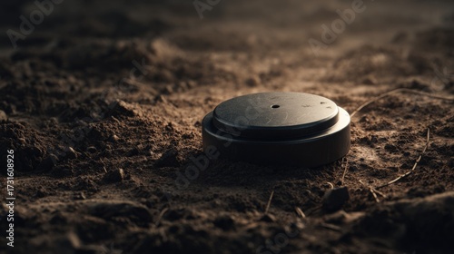 A close-up of a landmine resting on the ground, surrounded by earthy tones and dirt, highlighting the ominous nature of unexploded ordnance.