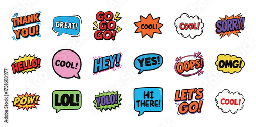 Large collection of comic book style speech bubbles and bursts with popular phrases and exclamations like THANK YOU!, LOL!, OMG!, HEY!, and COOL!