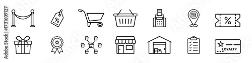 Retail and E‑commerce Line Icons Vector Set – Shopping Basket, Price Tag, POS, Warehouse, Loyalty, E‑commerce and Retail Line Icons – Basket, Tag, POS Terminal, Store, Warehouse, Loyalty Card