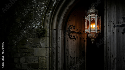 Antique Lantern by a Weathered Wooden Door at Night
