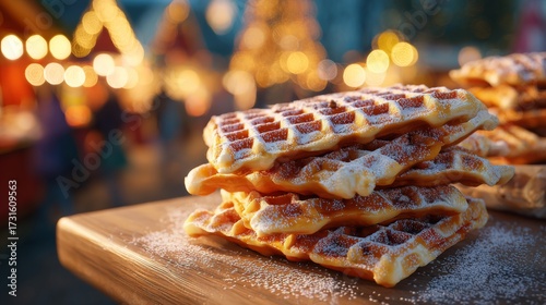 Delicious golden-brown waffles stacked on a wooden table, dusted with powdered sugar, perfect for a festive treat.