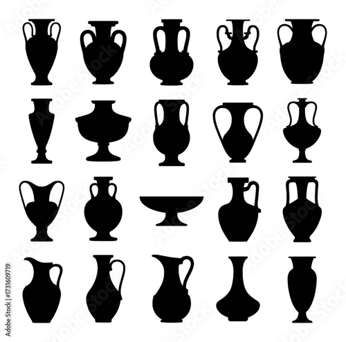 Collection of Black Silhouettes of Ancient Greek and Roman Pottery Vases