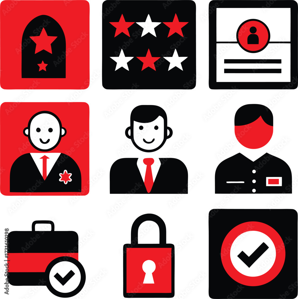 Fototapeta premium Modern flat icon set representing business professionalism security and achievement in red and black palette