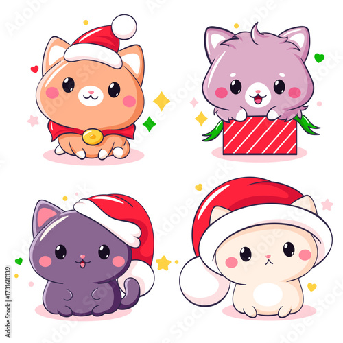 Adorable cats set. Merry Christmas collection with cute kitty in kawaii style. Can be used for winter holiday gift tag, label, t-shirt print, sticker, greeting card, badge design. Vector EPS8