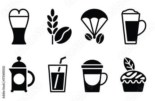 Collection of Coffee and Beverage Icons: Drinks, Beans, and Pastries