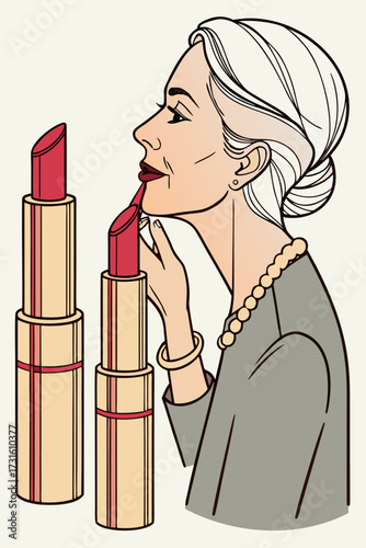 Mature Woman Applying Red Lipstick with Golden Case Cosmetics