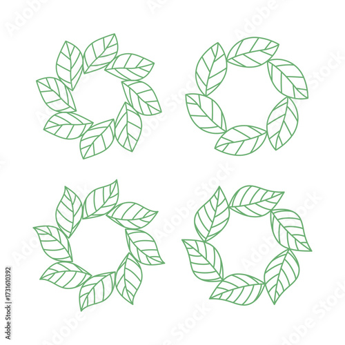 Green aesthetic circle leaves line art decoration isolated flat design