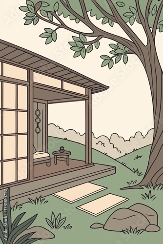 Tranquil Japanese Tea House Nestled Underneath a Large Tree on a Hillside