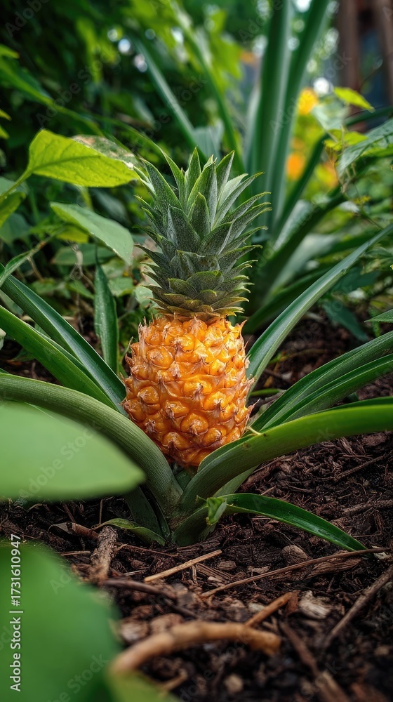 Obraz premium A close-up view of a vibrant, ripe pineapple growing amidst green foliage