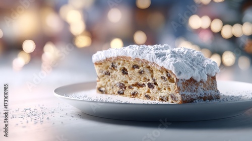 A delightful slice of cake topped with fluffy white frosting and sprinkled with powdered sugar, ideal for festive occasions.