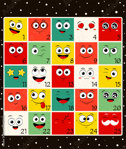 Vector Christmas advent calendar with emoticons with different mood. Cozy cartoon Christmas advent calendar with emoji faces in different expressions. Set of winter holiday xmas tags with numbers