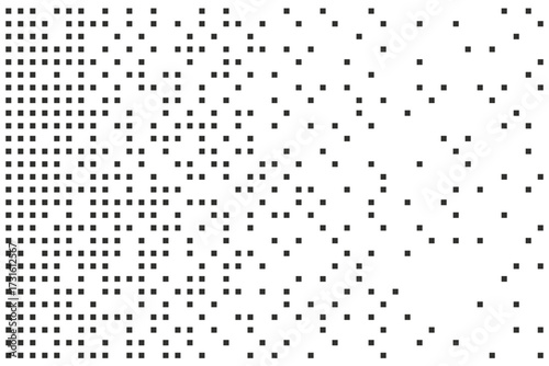 Disintegration dot grain noise, fade halftone effect, disperse dot work, Dispersed background mosaic pixel grid. 