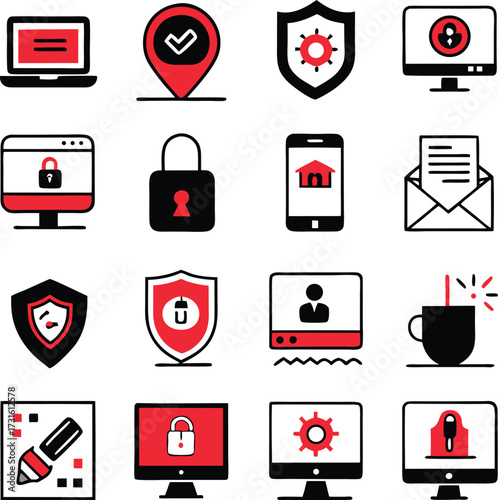 Cybersecurity icons set for digital protection data privacy online security network safety and system access control elements