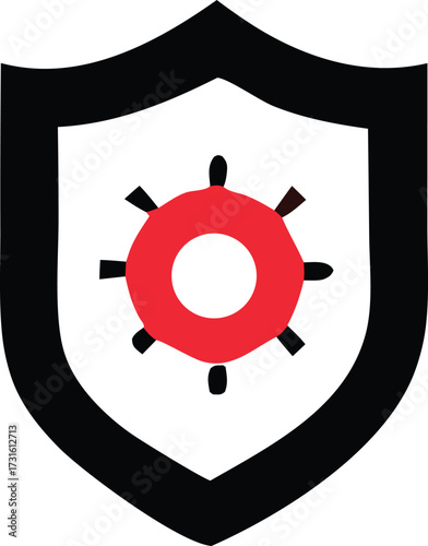 Red corona virus symbol shielded secure protection health safety danger warning biohazard medical emblem icon graphic